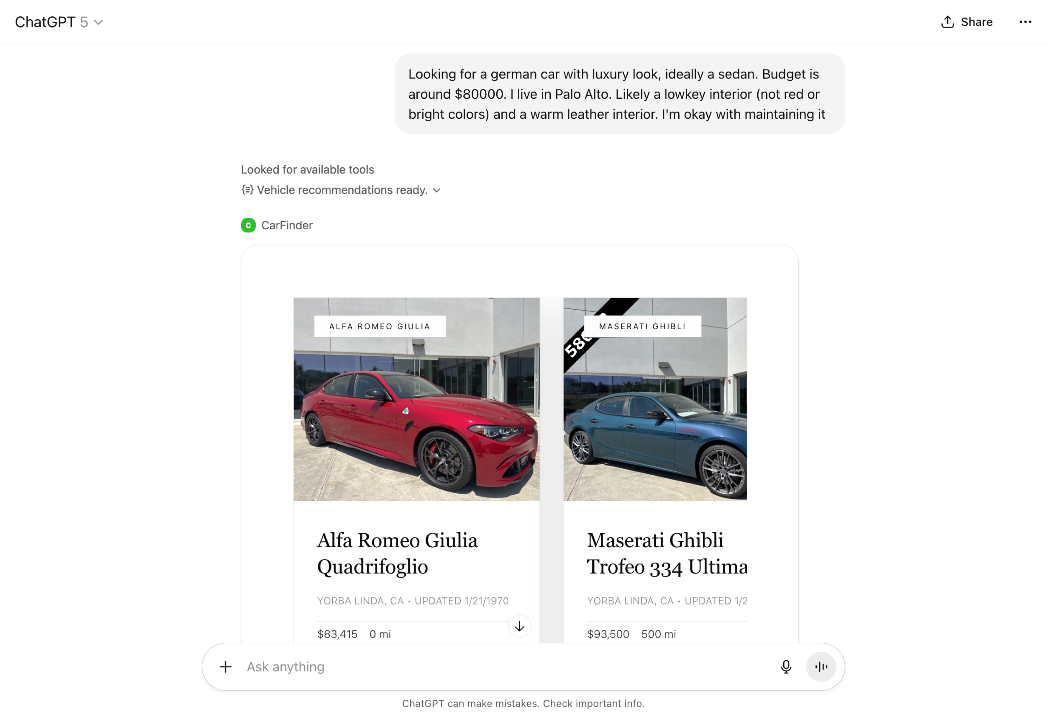 ChatGPT showing car dealership inventory directly in conversation